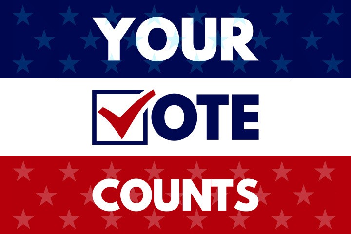 "Your Vote Counts" graphic with a red, white and blue stars-and-stripes design and a ballot checkbox.